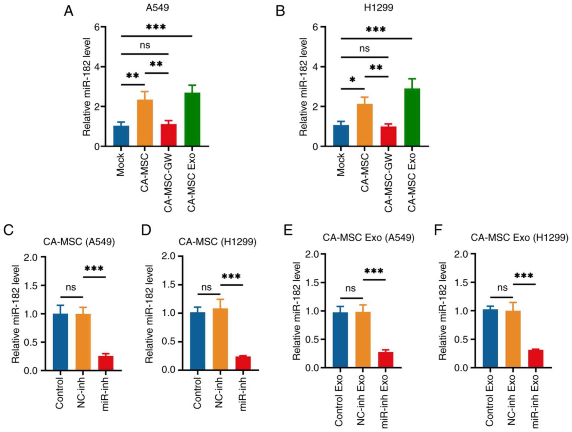 miR-182 expression quantifications.
miR-182 expression in (A) A549 cells and (B) H1299 cells in the
Mock, CA-MSC, CA-MSC-GW and CA-MSC Exo groups. After transfection,
miR-182 expression in CA-MSCs cocultured with (C) A549 and (D)
H1299 cells and the corresponding (E,F) CA-MSC exosomes, in the
Control, NC-inh and miR-inh Exo groups. *P<0.05, **P<0.01 and
***P<0.001; ns, no significance. miR-182, microRNA-182; CA-MSC,
cancer-associated mesenchymal stem cell; CA-MSC-GW, GW4869-treated
CA-MSCs; CA-MSC Exo, exosomes derived from CA-MSCs; NC, negative
control; inh, inhibitor.