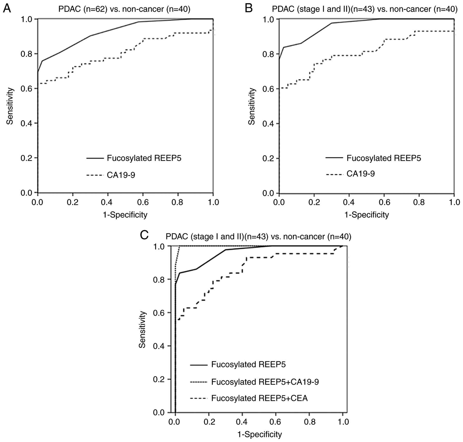 Fucosylated REEP5 is superior to
CA19-9 for early detection of PDAC. (A) AUCs were 0.928 for
fucosylated REEP5 and 0.805 for CA19-9 for distinguishing cancer
(PDAC) from non-cancer (healthy volunteers and chronic
pancreatitis) cases. (B) AUCs for distinguishing PDAC from
non-cancer cases were 0.962 for fucosylated REEP5 and 0.810 for
CA19-9. (C) AUCs for distinguishing PDAC (stage I and II) from
non-cancer cases were 0.857 for fucosylated REEP5 combined with
CEA, and 0.999 for fucosylated REEP5 combined with CA19-9. REEP5,
receptor expression-enhancing protein 5; CA19-9, carbohydrate
antigen 19-9; PDAC, pancreatic ductal adenocarcinoma; CEA,
carcinoembryonic antigen; AUC, area under the curve.